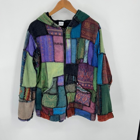 Parava Clothing Patchwork Fleece Lined Zip Up Hoodie Boho Artwear Oversized M/L - Picture 8 of 13